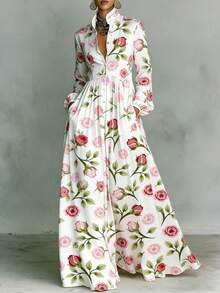 2026 European And American French-Style Slim-Fit Long-Sleeve Printed Dress, Elegant Retro Casual Dress, Holiday-Style Women's Clothing - 白色 - 查看 5