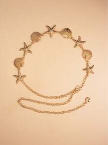1pc Summer Vacation Style Ocean Creature Starfish Seashell Patchwork Women's Fashionable Gold Metal Waist Chain, Sweet Minimalist Elegant Girl Unique Design Body Chain, Versatile Accessory Suitable For Beach, Travel, Party, Any Holiday Gift - Gold - View 2