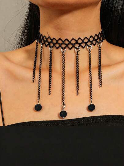 1 pieza Collar de mujer minimalista vintage de encaje hueco con borla y cadena de cristal, collar gótico tipo choker