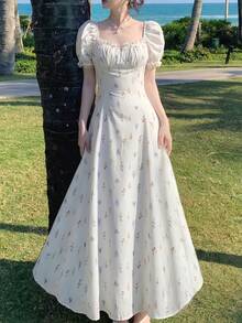 法国时尚蕾丝拼接印花夏季优雅泡泡袖修身A字裙节日派对连衣裙 - 米色 - 查看 7