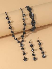 Set elegant de 4 bijuterii la modă, include colier cu pandantiv, cercei și brățară decorate cu pietre strălucitoare, potrivit pentru nunți, petreceri și cadouri de sărbători - Negru - Vizualizare 2