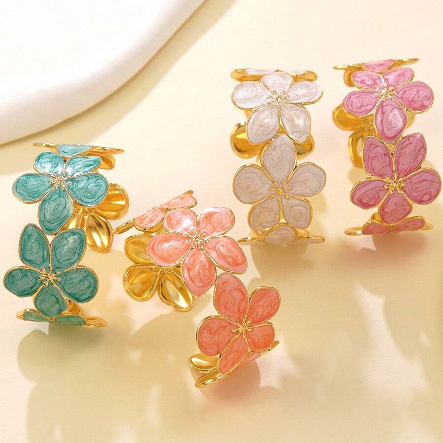 1件时尚油滴花朵手链,奢华不锈钢花朵开口手镯,适合作为礼物、日常佩戴和度假佩戴 - 五瓣花朵 - 查看 1