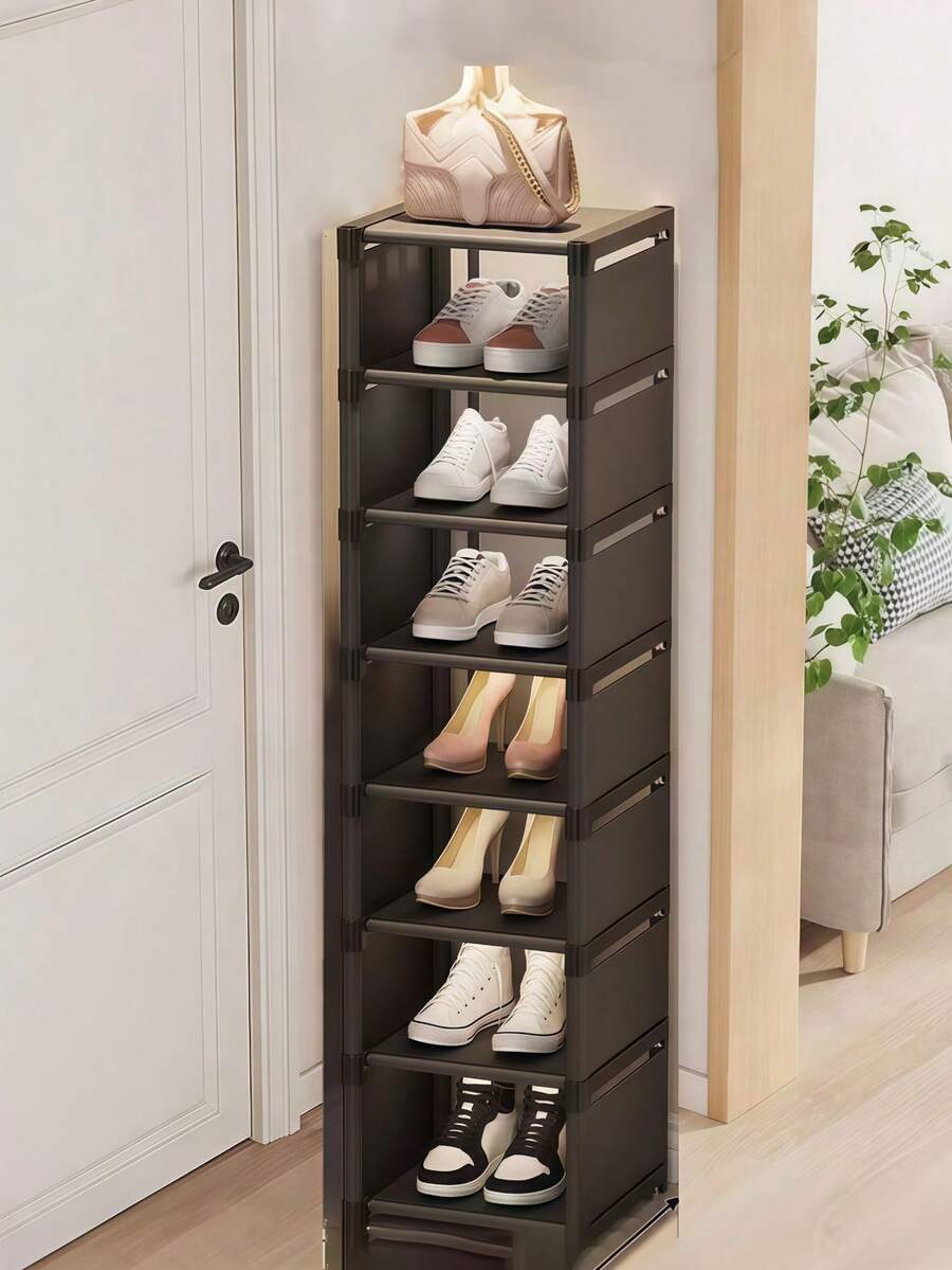 1pc Multi-Tier Narrow Shoe Rack, Summer Space-Saving Freestanding Shoe Storage Organizer, No-Assembly Vertical Shoe Shelf For Sandals & Slippers, Ideal For Entryway, Dorm, Apartment & Small Home Storage Solution - Black - View 1