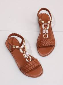 波西米亚风编织T字带平底凉鞋，饰以贝壳和串珠，适合青少年穿着 - 棕色 - 查看 10