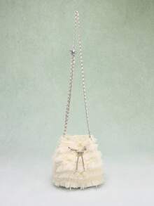 SCULPTEDSTYLE BAGS 1pc Summer Fresh Mesh Tassel Ruffle Bucket Bag, Fashion Chain Pearl Drawstring Shoulder Crossbody Bag, Gentle Sweet Style Suitable For Wedding Season Bridesmaid, Shopping, Date, Afternoon Tea - Beige - View 7