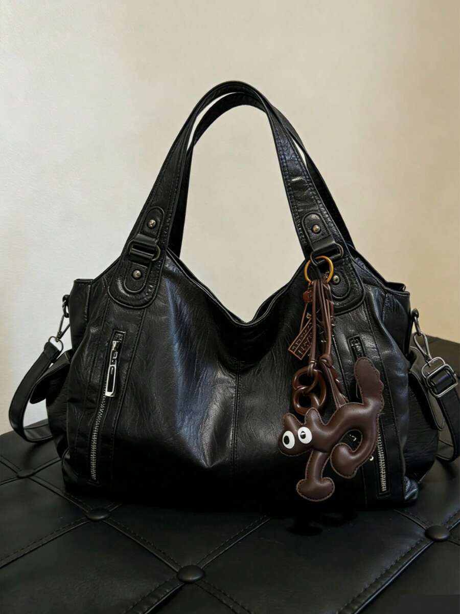 This Fashionable Multi-Functional Solid Color Large Capacity Vintage PU Leather Shoulder Bag/Handbag, Decorated With A Pendant, Adopts A Zipper Design, Very Suitable For Shopping, Travel, Commuting And Various Occasions. - Black - View 1