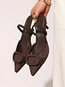 Women's Velvet Effect Embellished Pointed Toe High Heels,Kitten Heels - Coffee Brown - View 8