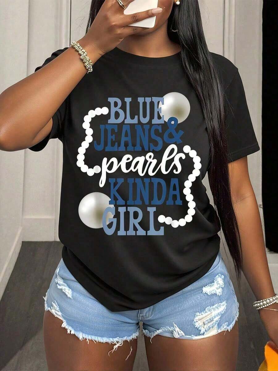 Camisetas de Mujer Estilo Denim y Perlas con Lazo, Tallas Grandes para Vacaciones de Verano en la Playa, Conjunto 2025 para Mujeres con Estilo, Camiseta con Denim y Perlas, Diseño Coqueta con Lazo, Ajuste Perfecto - Negro - Ver 1