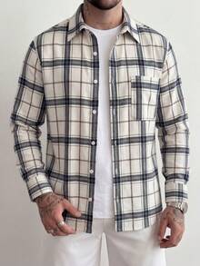 Apricot Plaid Long Sleeve Shirt For Men Beige Plaid Collared Shirt Modern Casual Digital Print Street Style Shirt Retro Gentleman Style Soft Shirt - Multicolor - View 3