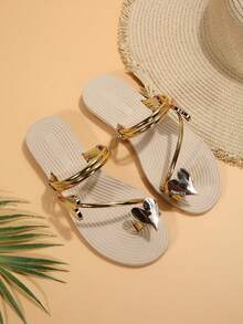 2026 Summer New PU Women's Flat Sandals, Comfortable Slip-On Toe Sandals With Rhinestones, Outdoor Lightweight Casual Simple Round Toe Strap Sandals, Fashion Versatile Solid Color Breathable Non-Slip Soft Bottom Heart Decor Sandals,Beach Outfits - 金色 - 查看 6