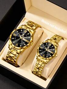 两件套奢华金色表带腕表，带日历和星期显示，石英模拟腕表，商务腕表，送给男友的礼物，情侣腕表套装，合金腕表，不可充电电池，浪漫情人节礼物 - 金色 - 查看 9