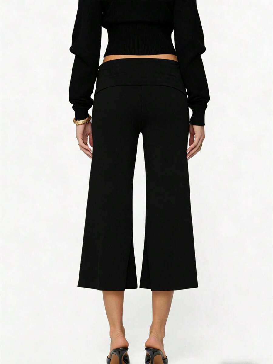 Women's Casual Wide Leg Cropped Pants Low Rise Fold Over Stretch Gaucho Pants For Summer Beach Holiday Streetwear Women Fold Over Lounge Capris Wide Leg Cropped Flowy Gaucho Pants Comfy Casual Yoga Coluttes Pajama Bottom - 黑色 - 查看 1
