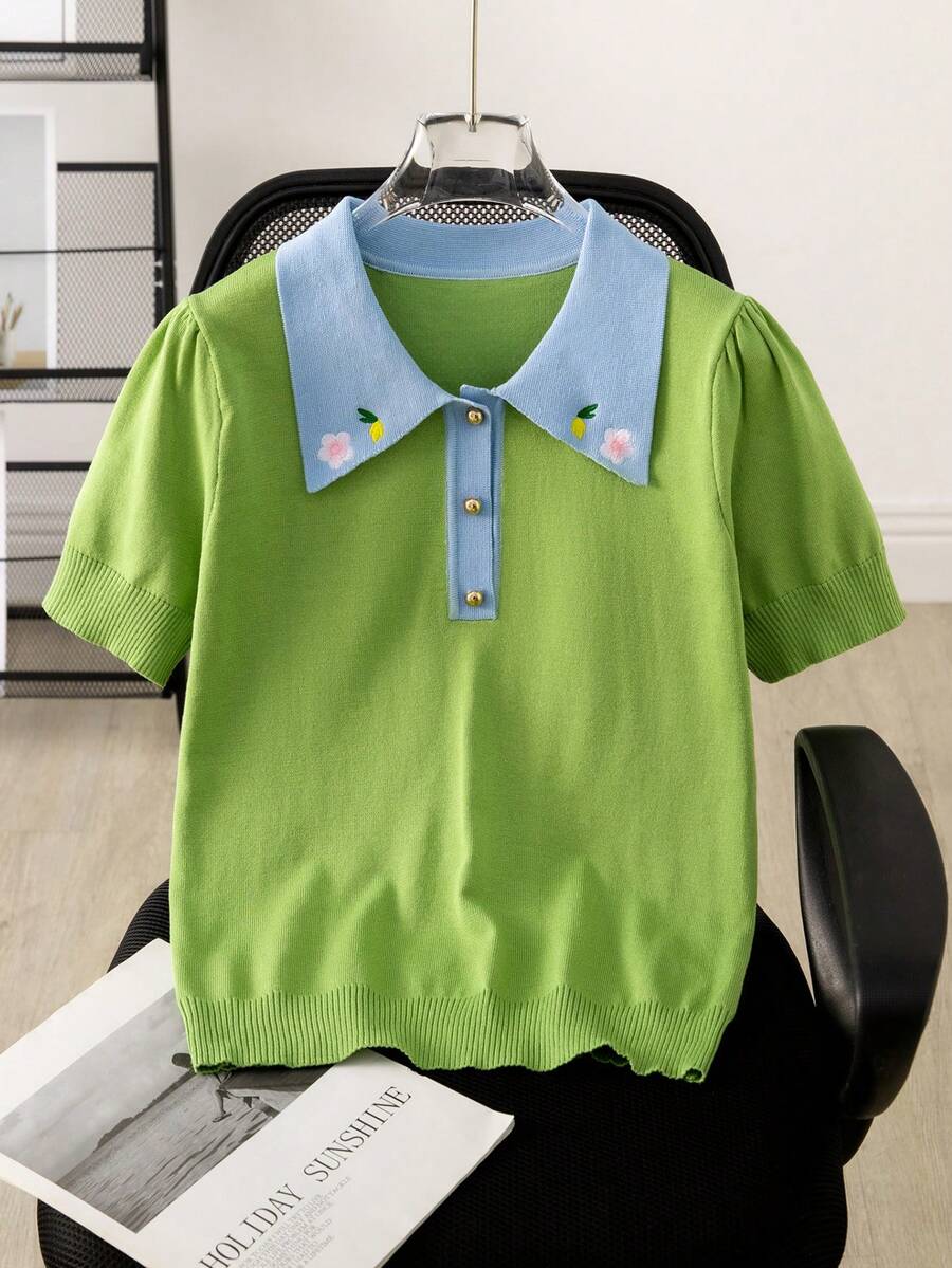 Atasan Rajut Polo Lengan Pendek Wanita Ringan, Bernapas, Baru, Elegan, Bordir, Blok Warna, Kancing Depan Kontras, Cocok untuk Liburan Musim Panas - Lime Green - View 1