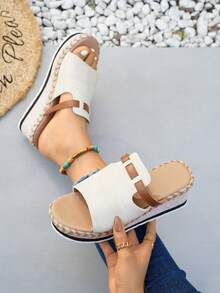 Women's Straw Wedge Rope Open Toe Slippers, Thick Sole Elevated Summer Outdoor Sandals - Beige - View 6
