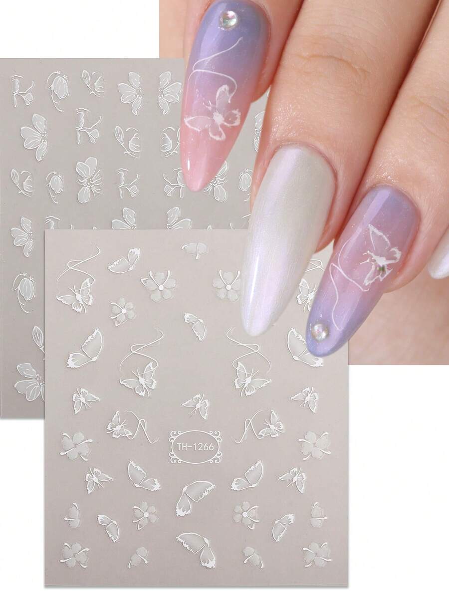 2 miếng dán móng tay hình hoa bướm trắng mùa xuân/hè, decal trang trí móng tay dễ thương, tươi mới dành cho nữ tự làm tại nhà. - Nhiều màu - Xem 1