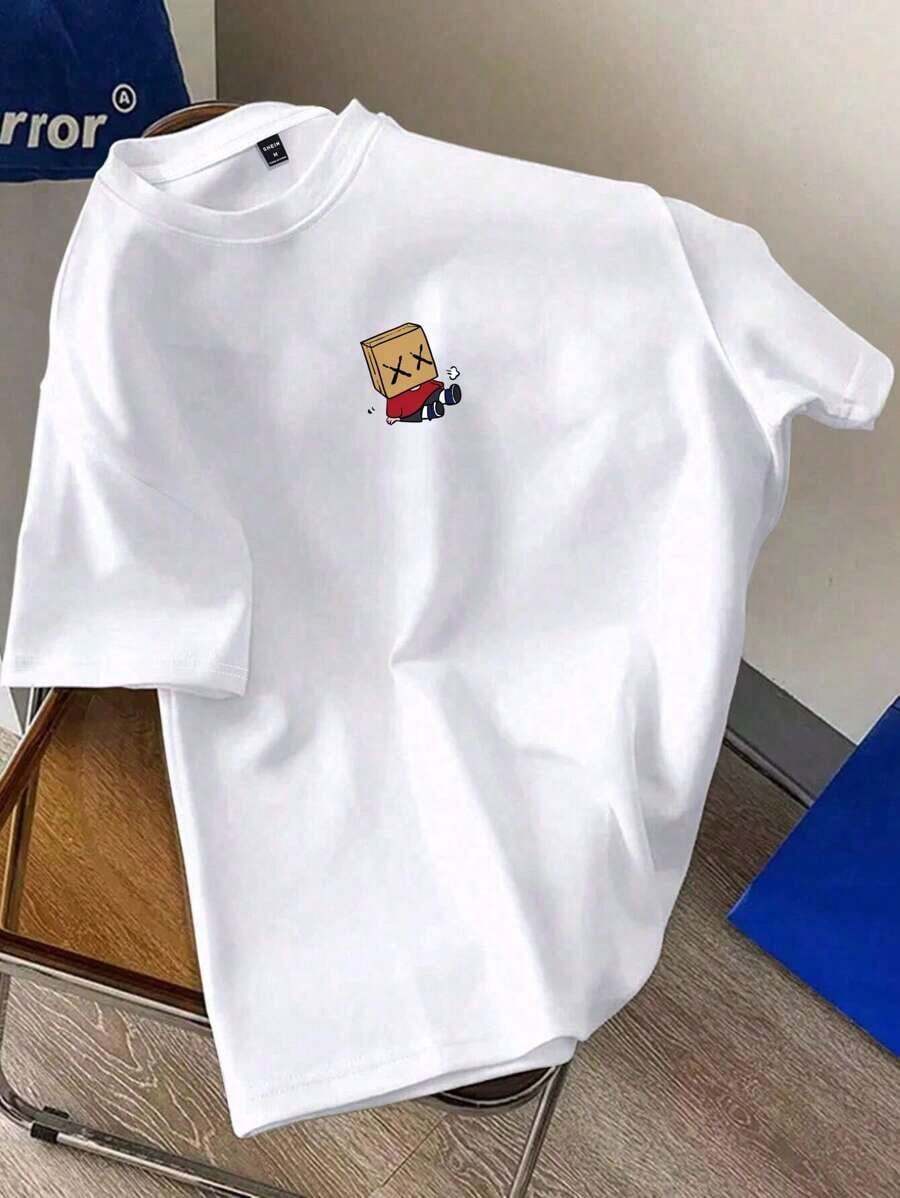 Men Summer Cute Cartoon Printed Round Neck Short Sleeve Casual T-Shirt, Boyfriend Gift, For, White Graphic Tee100% Cotton - 白色 4 - 查看 1