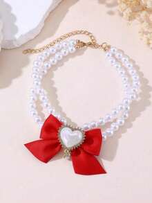 1 buah Kalung Mutiara Dua Lapis untuk Hewan Peliharaan Ukuran Sedang/Kecil, Kalung Hewan Peliharaan Gaya Putri Mutiara dengan Pita Berbentuk Hati yang Lucu - MultiWarna - View 9