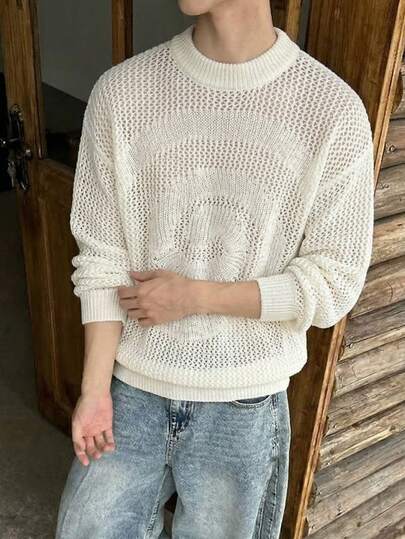 ユニセックス カジュアル ルーズフィット 渦巻き柄 ホロウアウト 長袖プルオーバートップ、春夏シーズンに適しています