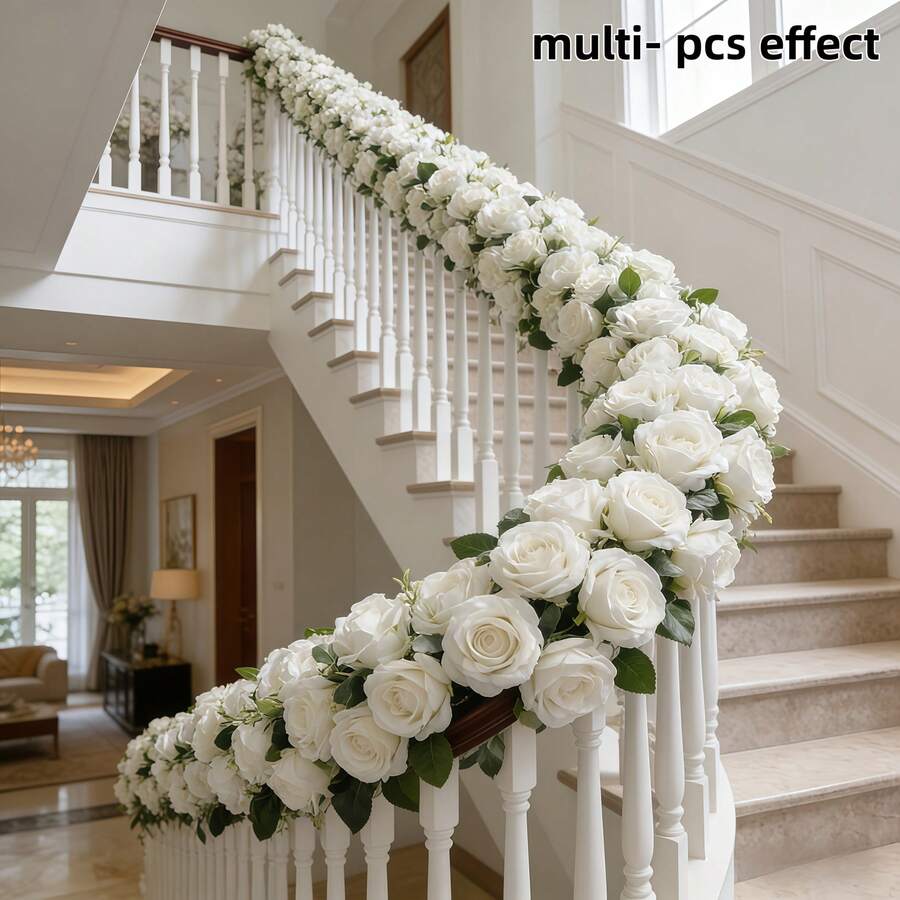 3 piezas Enredadera de rosas artificiales extra largas - Hojas y rosas de plástico realistas, decoración colgante para bodas, aniversarios, centros de mesa para el hogar, chimenea y comedor, sin mantenimiento, decoración de mesa navideña - Blanco - Ver 1