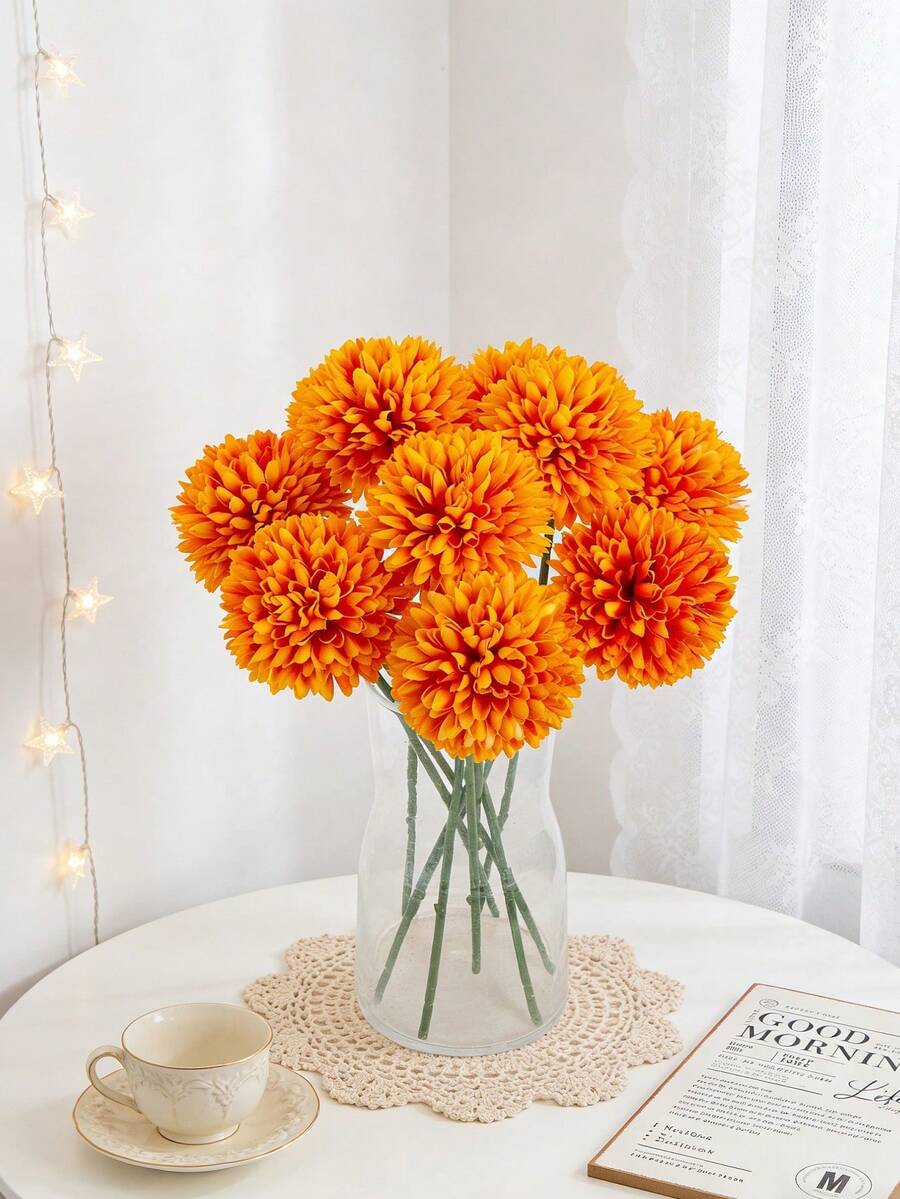 3/16Pcs Artificial Chrysanthemum Ball, Hydrangea Ball, Wedding Decoration, Home Vase, Ornaments, Restaurant, Living Room, Bedroom, Bedside Floral Arrangement, Bridal Bouquet, Wrist Flower, Corsage, Birthday Party Decoration Material, New Year Valentine's Day Gift, Autumn Decoration - Orange - View 1