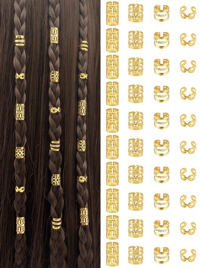 40PCS Hair Jewelry For Braids Gold Hair Cuffs Multi Style Hair Rings Adjustable Hair Beads For Braid Loc Dreadlock Accessories For Girls