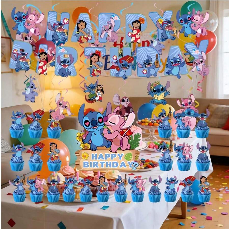 Disney 52个史迪奇主题拉旗蛋糕装饰插牌,生日派对装饰 - 彩色 - 查看 1