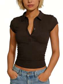 Spring And Summer New POLO Collar Button Short-Sleeved Tight Sports Waisted Versatile Tops Long Sleeve Tops Tops De Mujer Elegantes - Brown - View 1