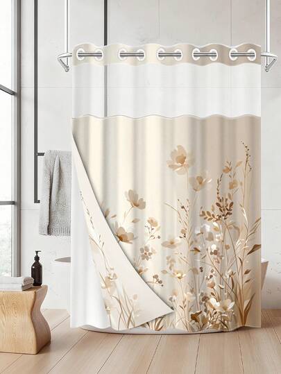 1 chiếc rèm tắm hai lớp họa tiết hoa, màu be, in hình thực vật, phụ kiện phòng tắm, rèm tắm bằng polyester chống thấm nước có lớp lót, phần trên trong suốt, thiết kế dễ tháo lắp và vệ sinh, không cần móc treo, thích hợp cho trang trí phòng tắm và nhà cửa.