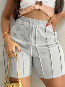 Women's Fashionable Solid Color Drawstring Shorts, Casual Elastic Waist Side Pocket Shorts With Folding Design Sports - Light Grey - View 4