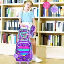 Ba lô kéo cho bé gái, cặp sách có bánh xe cho trẻ em - Túi đi học có bánh xe - 3 món hình trái tim màu tím - Ba lô kéo chống tia UV - Xem 7