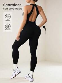 无缝罗纹露背连体衣，高弹透气提臀健身连体衣，跑步训练运动紧身衣 - 黑色 - 查看 1