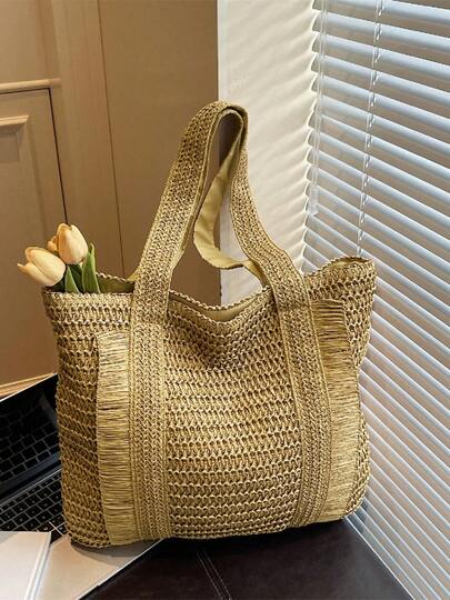 Large Capacity Woven Tote Bag, Versatile Handbag/Shoulder Bag Suitable For Beach, Daily Outing, Vacation