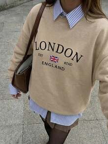 Stylish Women's Casual Crew Neck Sweatshirt London Graphic Print In English, Versatile For Everyday Wear, Autumn/Winter - Beige - View 2