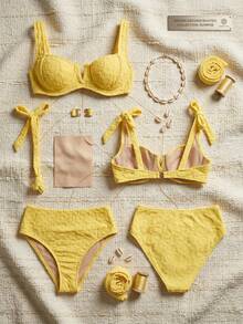 2026 New Yellow Jacquard Textured Plus Size Bikini Set, Sexy Underwire Tie Shoulder Bikini Top With High Waist Bottom, Women's Tummy Control 2 Piece Bathing Suit, Exotic Island Resort Wear, Elegant Pool Party Biquini, Versatile Beach Outfit - 黃色 - 查看 2