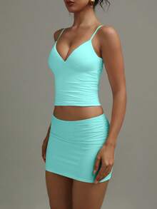 XLLAIS Women's Mint Blue Pleated Bodycon Mini Skirt, Fashionable Ruched High Stretch Double-Layer Yoga Fabric Tight Skirt For Summer - Mint Blue - View 6