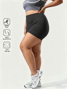Plus Size Women High Waist Pocketed Solid Color Shorts, Slimming And Lifting Effect, Tight Fitness Yoga Pants, Non-Sheer Suitable For Casual Sports Wear - Black - View 3