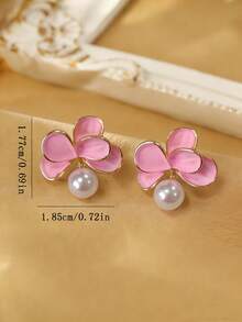 1 par de pendientes elegantes y versátiles con flores y perlas falsas, adecuados para el uso diario y festivo de las mujeres - Rosa - Ver 6