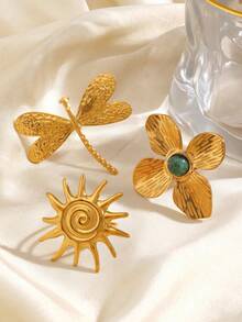 3pcs/Set Stainless Steel Fashion Dragonfly & Flower Decor Rings Set, Suitable For Women Daily, Travel, Shopping, Party Wear - Multicolor - View 5