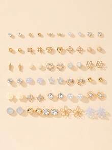 30 Pairs Assorted Flower, Star, Heart Shaped Non-Repeating Earrings Set, Minimalist Fashion Earring Studs Jewelry Gift Set For Women, Suitable For Outdoor, Travel, Casual Wear - Yellow Gold - View 7