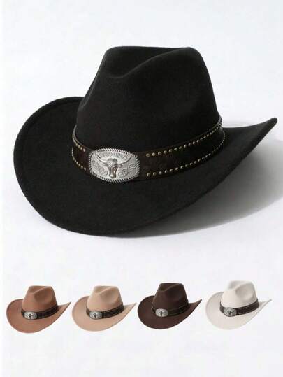 Sombrero de vaquero unisex, sombrero de fieltro de ala ancha con emblema de cabeza de toro, banda de cuero vintage con remaches, sombrero de jazz para protección solar para hombres y mujeres, uso diario, viajes al aire libre y fiestas