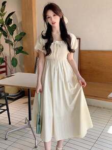 Square Neckline Cinching Waist A-Line Dress,Milkmaid Dress Sundress,Casual Women Dresses Maxi Dress - Màu be - Xem 4