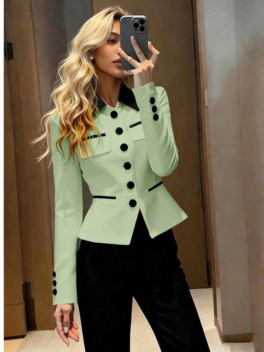 Blusa elegante de cuello con cintura ceñida, chaqueta estilizadora, versátil y encantadora de alta gama para primavera/otoño