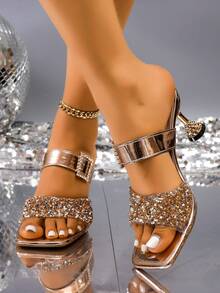 Sandalias de tacón alto con punta cuadrada y rhinestones para mujer, con tira de metal de una sola pieza, adecuadas para fiestas y banquetes - Champán - Ver 4