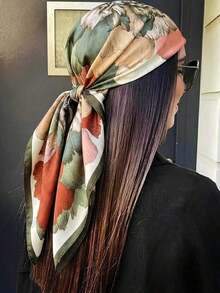 1pc Women's Fashion Peony Print 90cm Square Scarf, Printed Shawl Versatile For Spring/Autumn, Contrast Color Stylish Bandana, Suitable For All Seasons - 綠色 - 查看 12