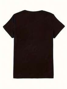 Camiseta de algodón de manga corta para mujer - Camiseta con estampado gráfico de la letra M y corona, cuello redondo, manga corta, estilo casual para verano y primavera, ropa de mujer, diseñada con estampado, con pedrería únicamente para efecto visual. - Negro - Ver 2