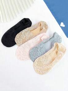 1/5/10 Pairs Women's Fashionable New Lace Flower Invisible Non-Slip Soft Boat Socks For Summer - Multicolor - View 6