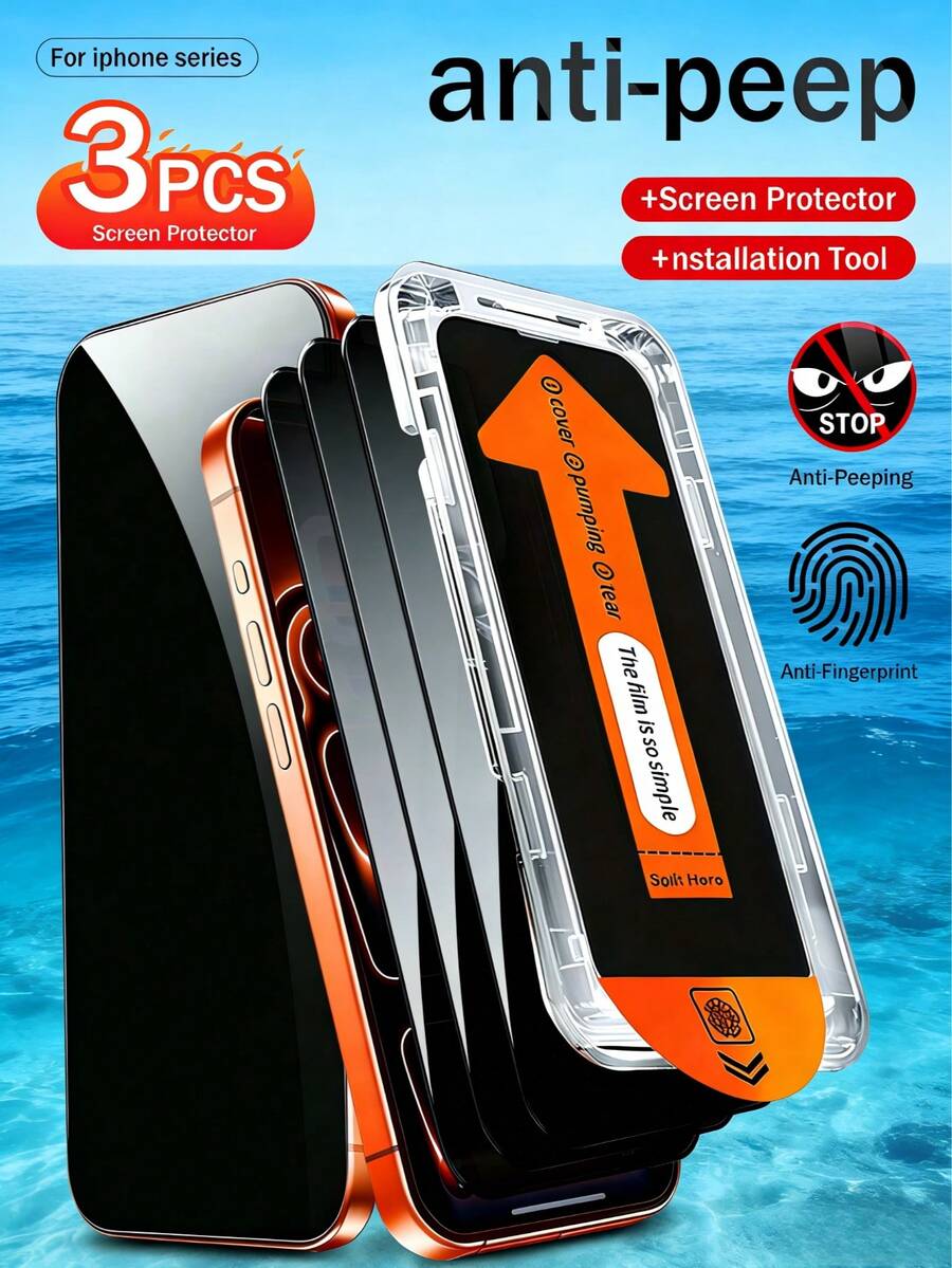 XINHONGYU 3pcs Privacy Screen Protector Film, Self-Aligning Sticker, Tempered Glass Screen Protector, Anti-Dust, Anti-Fingerprint, Bubble-Free, Easy To Apply, Scratch-Resistant, Fingerprint-Proof, Suitable For All Models - 3PCS - View 1