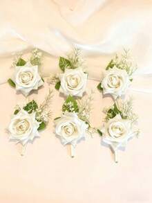 1枚/6枚白色玫瑰胸花，配以满天星，逼真丝绸花朵翻领别针，适用于新郎、伴郎、婚礼、舞会、周年纪念、返校节和乡村秋季场合 - 白色 - 查看 2