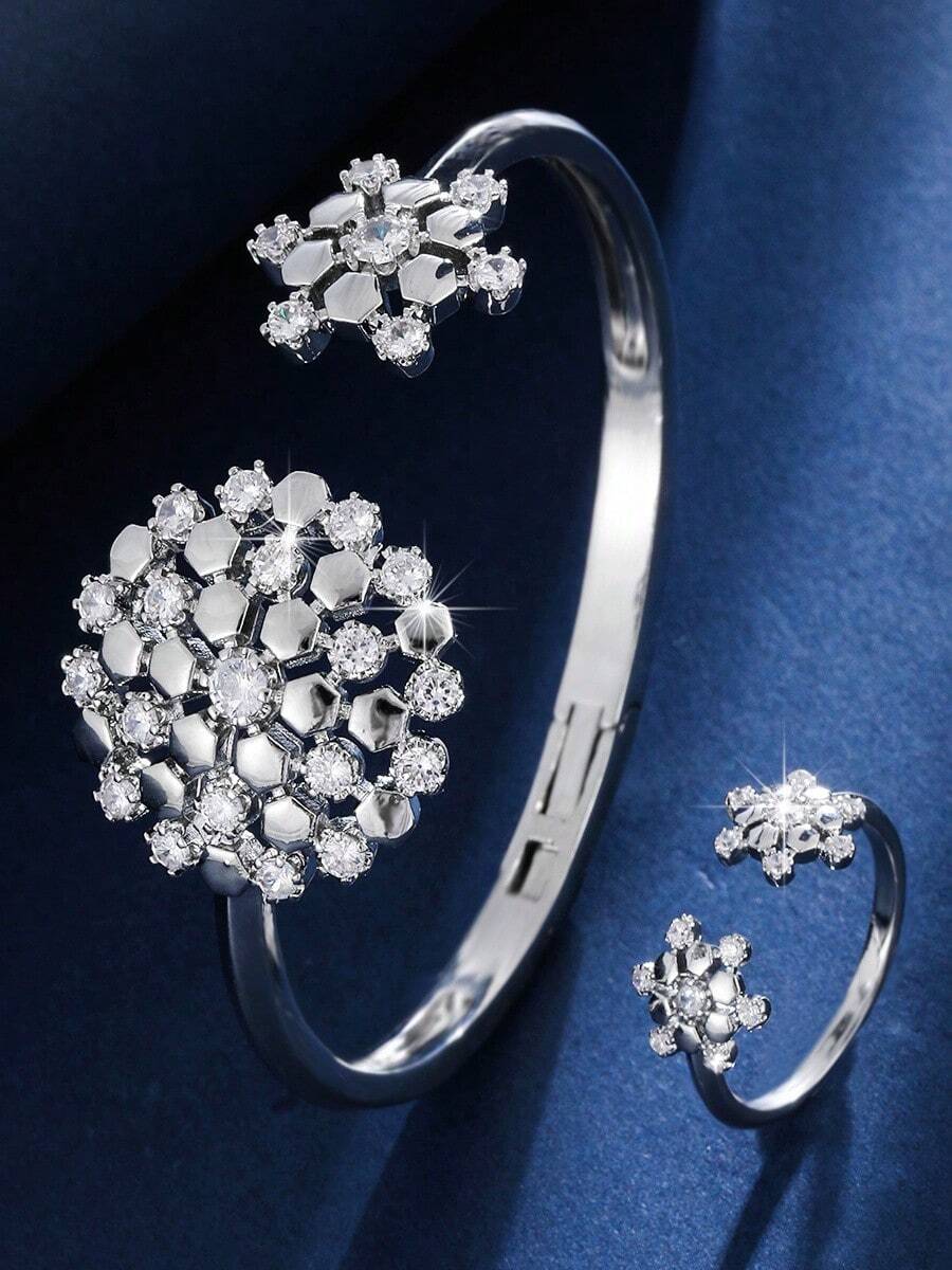 2pcs Elegant Sparkling Zirconia Snowflake Bracelet And Ring Set, Glamorous Accessories For Party And Holiday, Great Gift Recommendation - Bracelet Ring Set - View 1