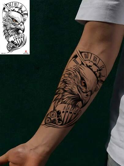 1 pieza Tatuaje temporal negro con diseño de cabeza de águila feroz, tatuaje realista de larga duración y sin reflejo, arte corporal unisex impermeable y a prueba de sudor, apto para brazos y piernas, parece un tatuaje real y es fácil de aplicar, dura de 7 a 10 días